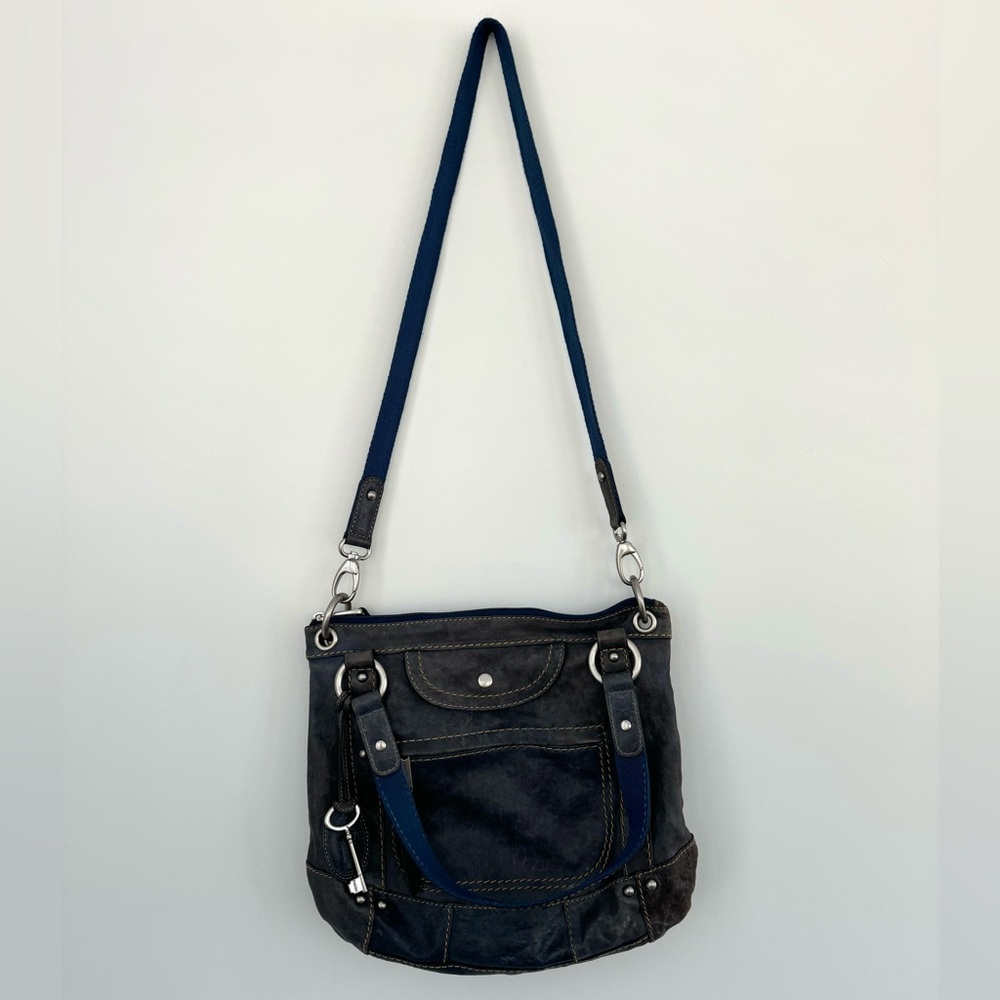 FOSSIL Blue Retro 1954 Long Live Vintage Purse Leather Snap Satchel Shoulder Bag